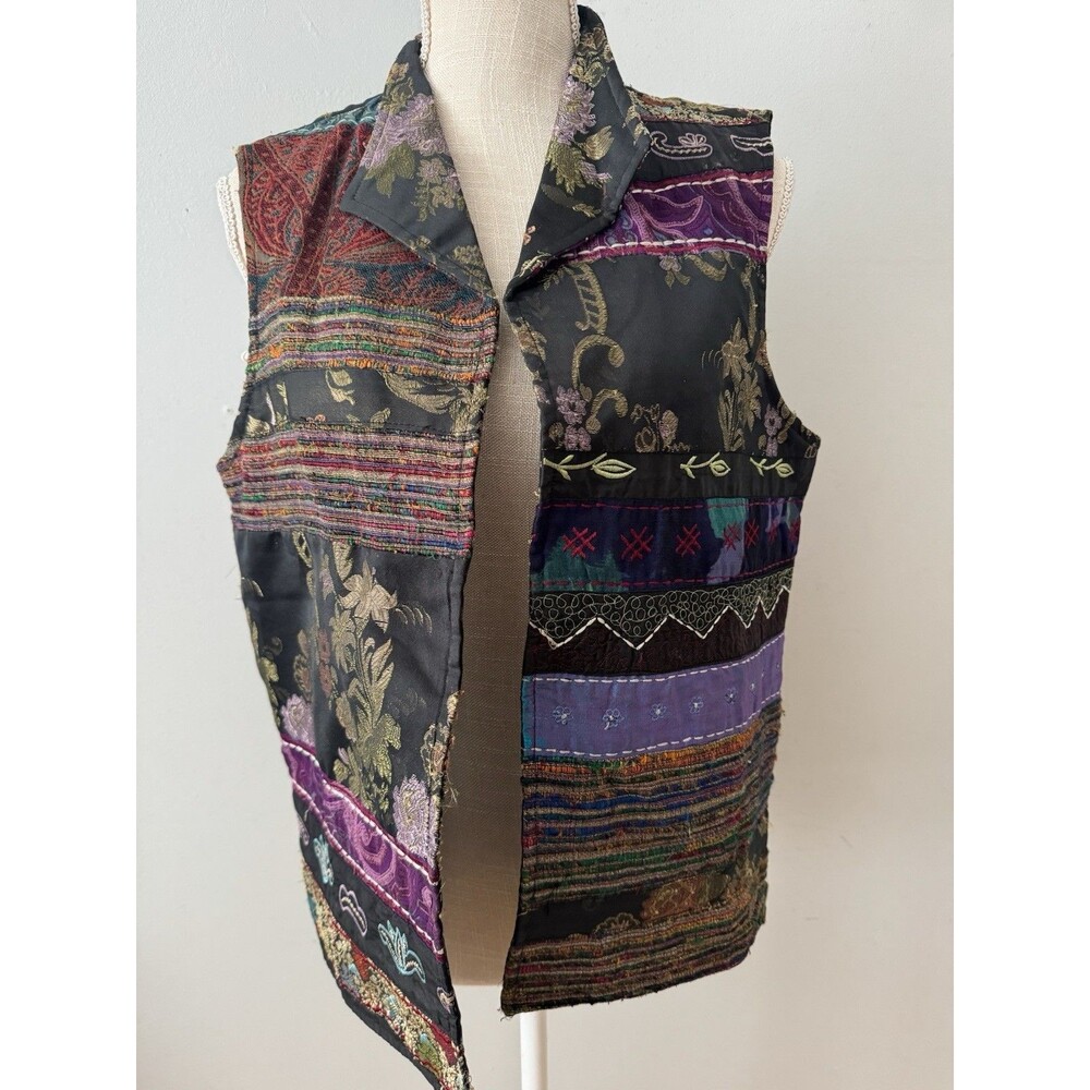 VTG Coldwater Creek Patchwork Vest Silk Wool‎ Embroidered Women's M